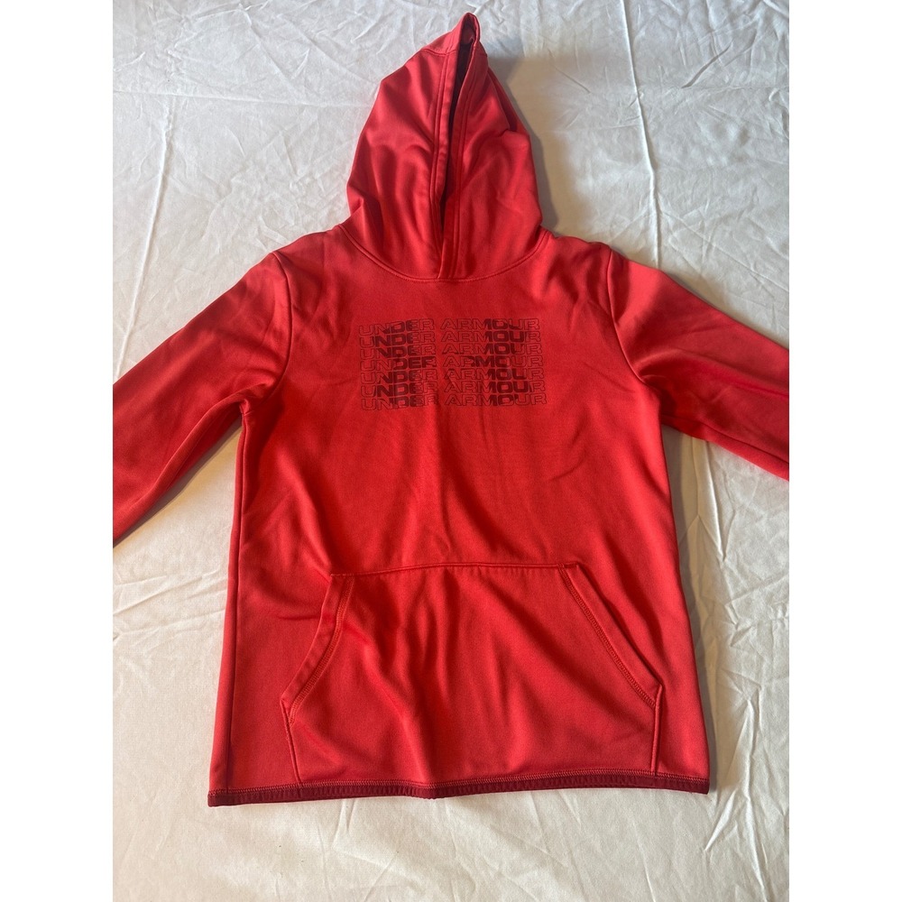 Under Armour Hoodie Boys YXL Red Graphic Logo Pullover Pocket Long Sleeve
